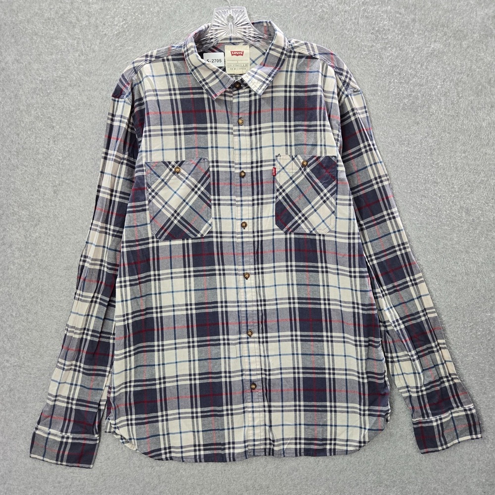 Levi's Men Button Up Shirt Large Blue Plaid Pockets Long Sleeve Collar Polyester
